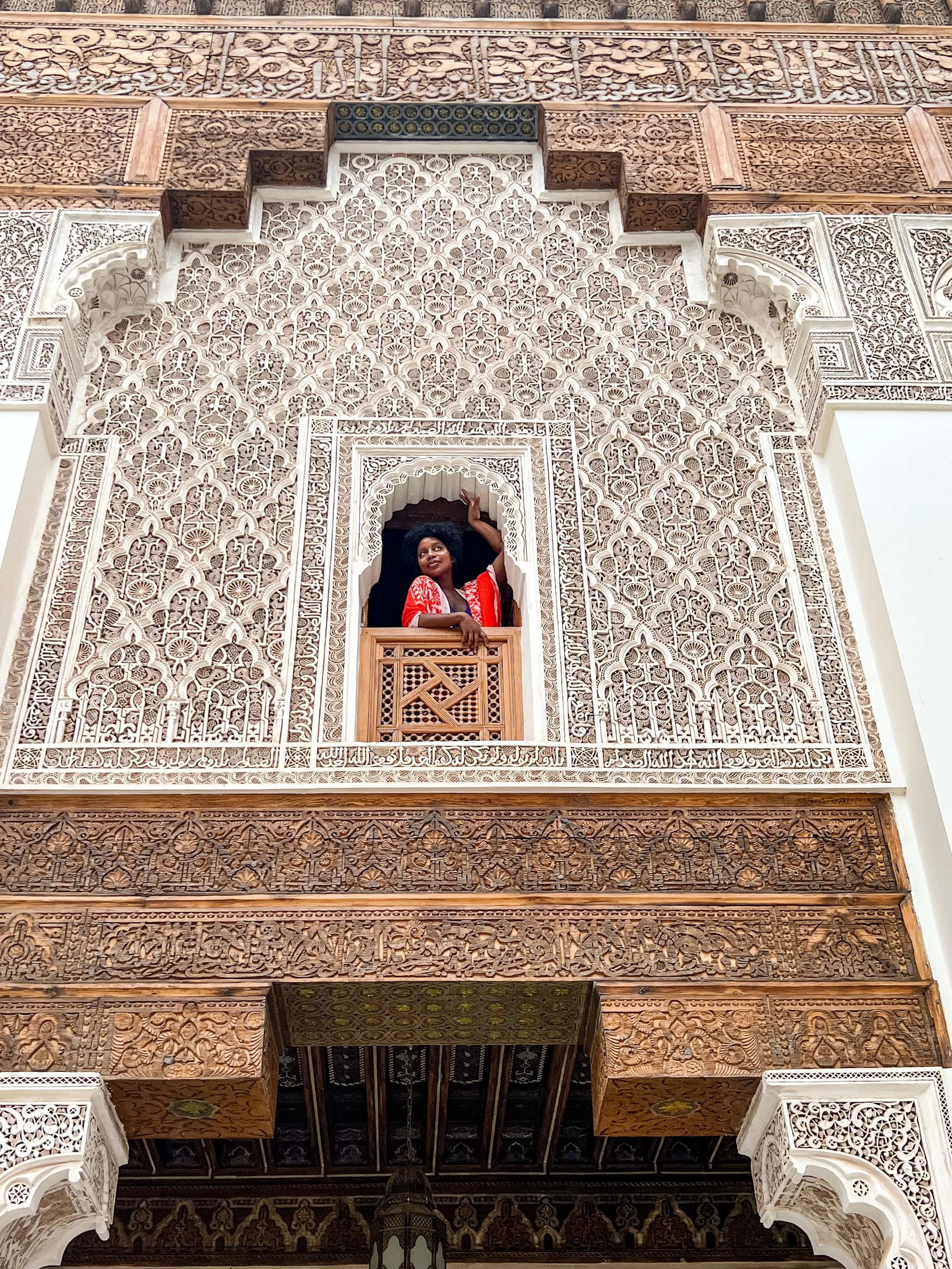 Lindsay, traveler in Ben Youssef Madrasa, Morocco with Greether